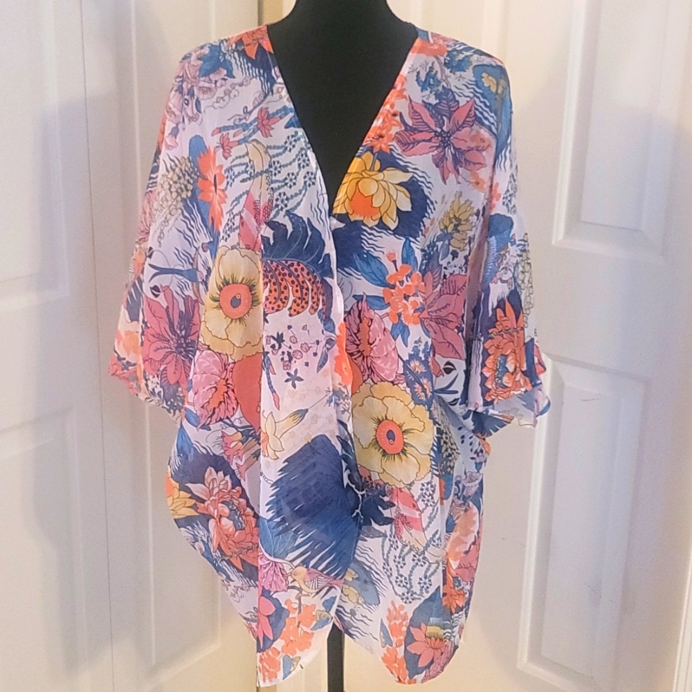 NWT Floral Chiffon Kimona Cardigan Coverup L/XL